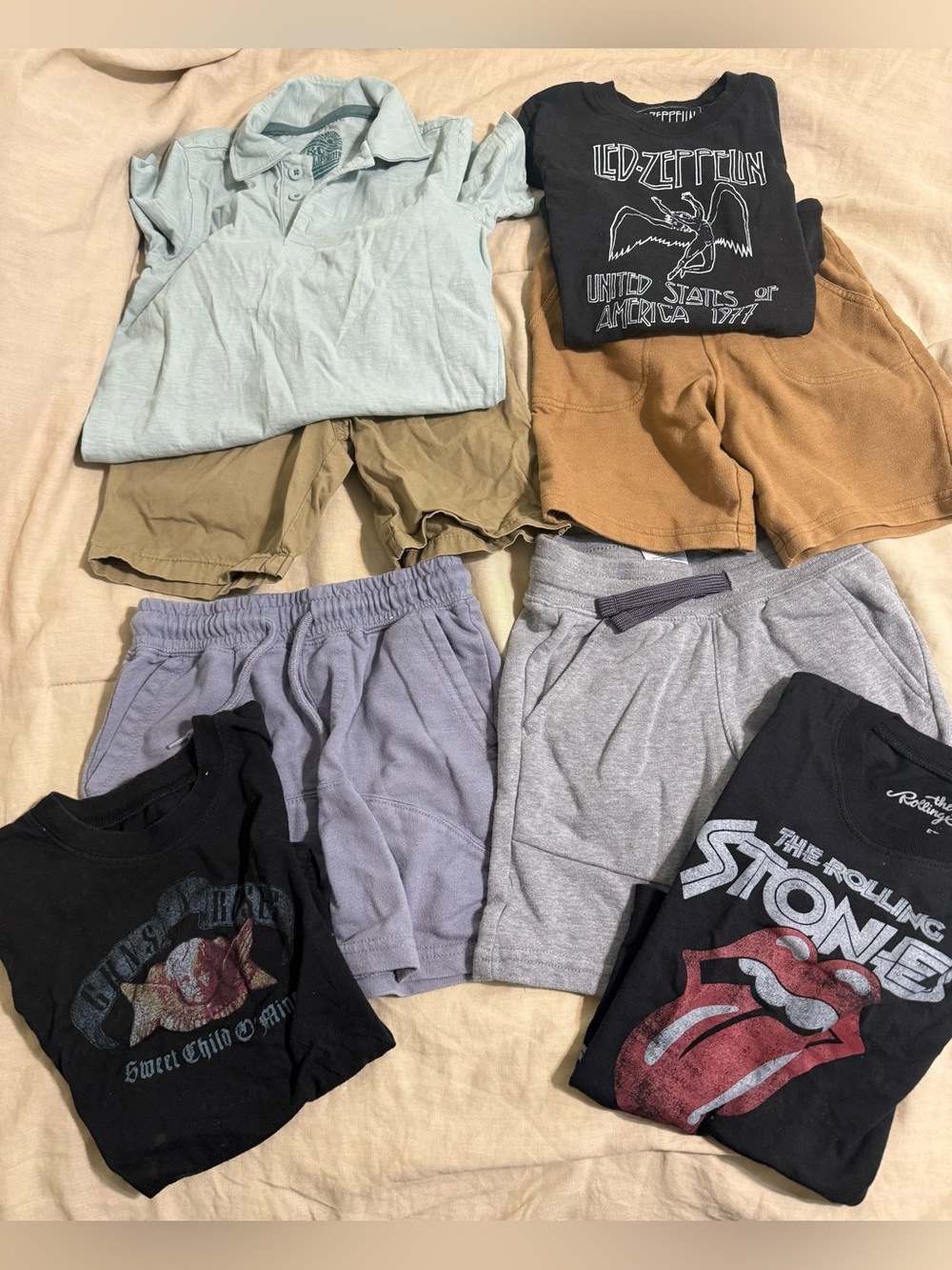 Boys Casual Cotton Shorts (2 Kaki, 1 grey, & 1 Blue. 3 band t-shirts & 1 Pollo.